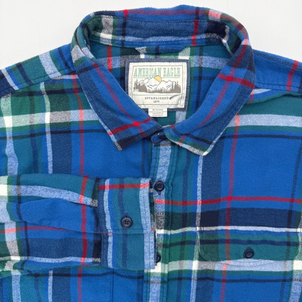 American Eagle Flannel Shirt Mens XL Blue Green Plaid Long Sleeve Button Up 5910